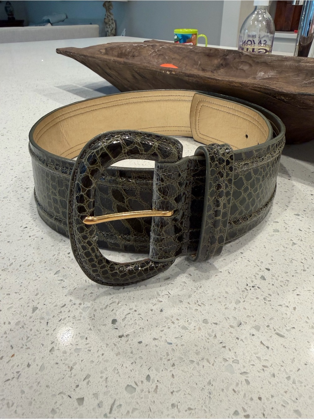 Carlisle Wide Faux Croc Leather Belt in Black and Gold